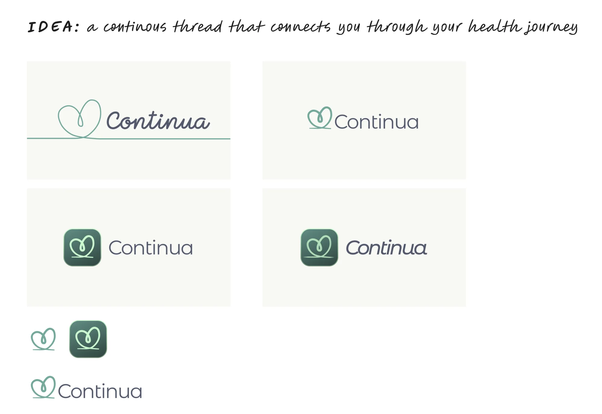 Idea one: a single thread looping into a heart, with wordmark and app icon variations
