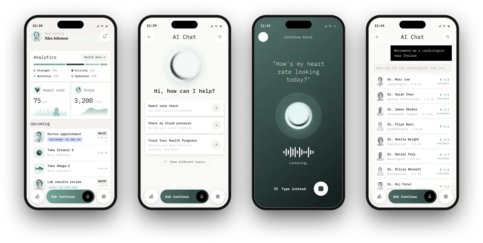 Continua screens: home, AI chat, voice mode and doctor recommendations