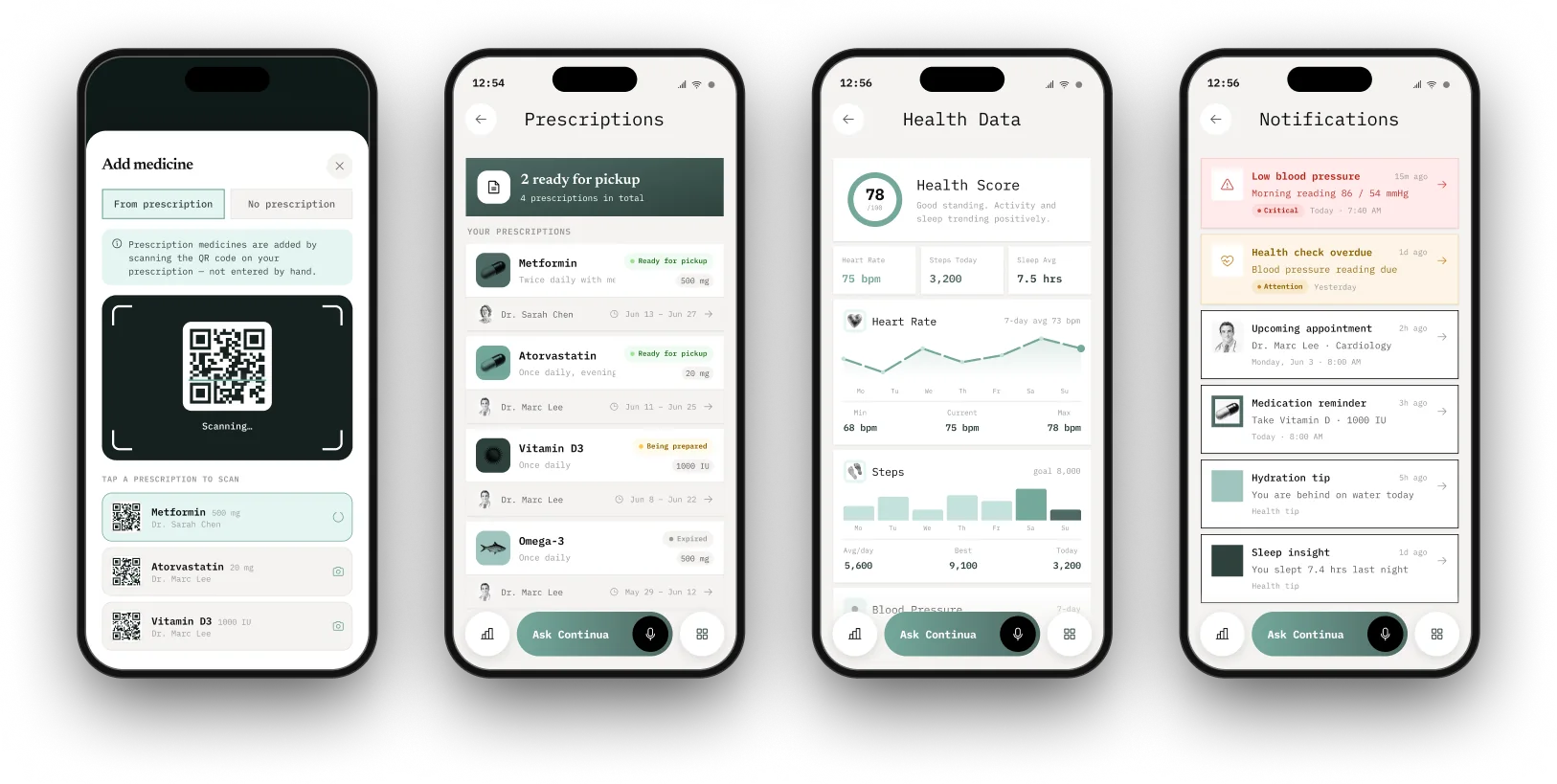 Continua screens: add medicine, prescriptions, health data and notifications