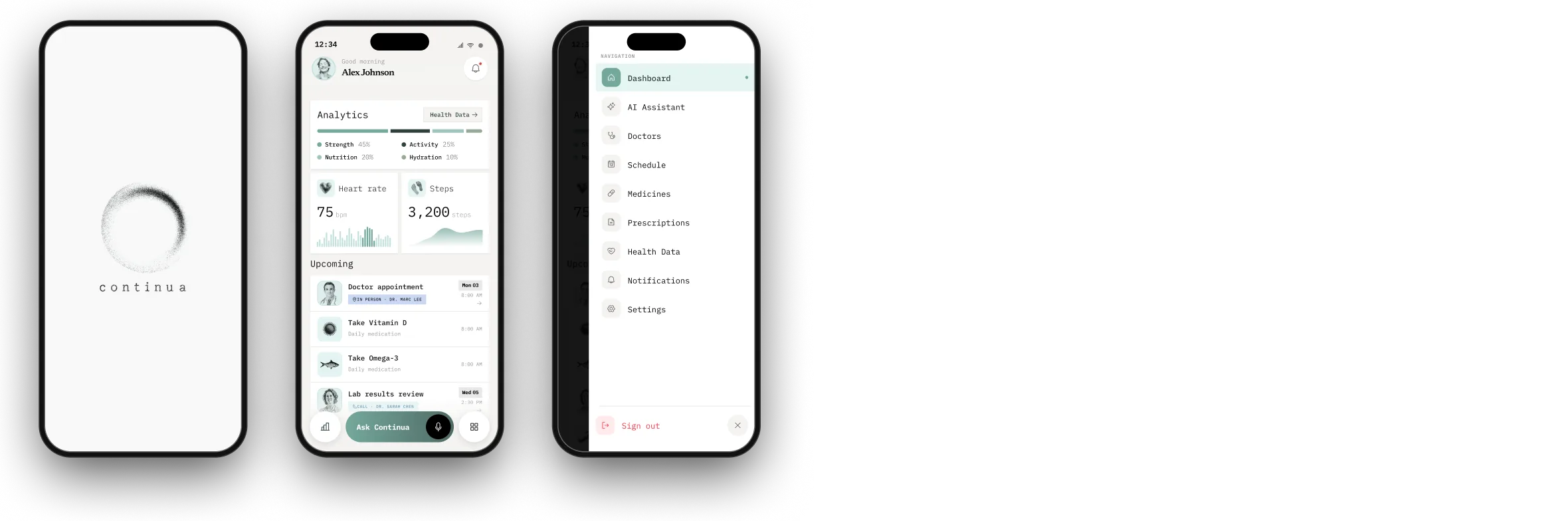 Splash, home dashboard and navigation menu