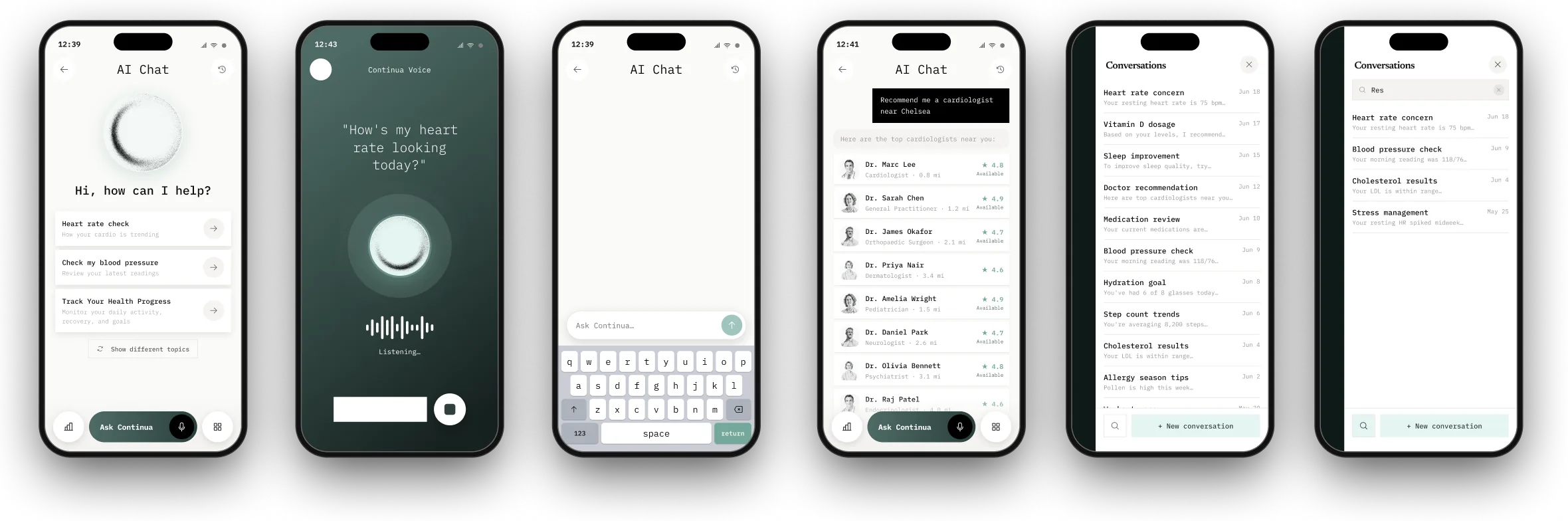 AI chat: topics, voice mode, typing, doctor recommendations and conversation history