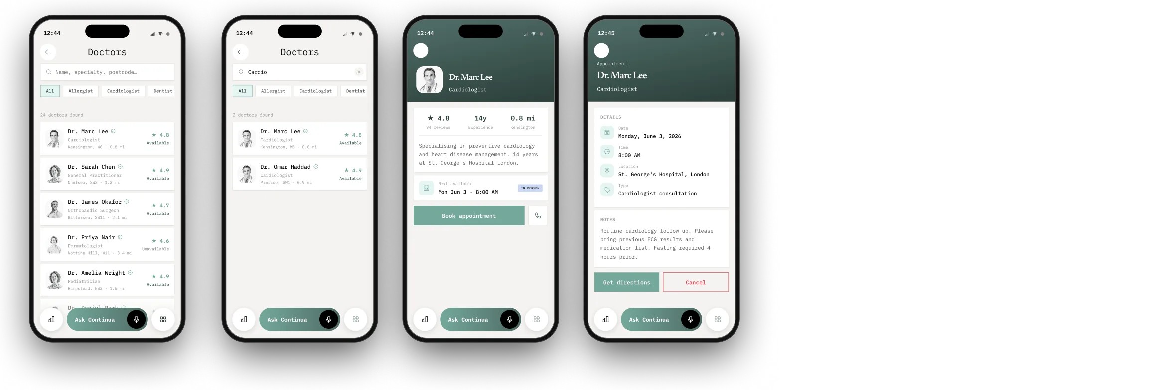 Doctors list, search, profile and appointment details