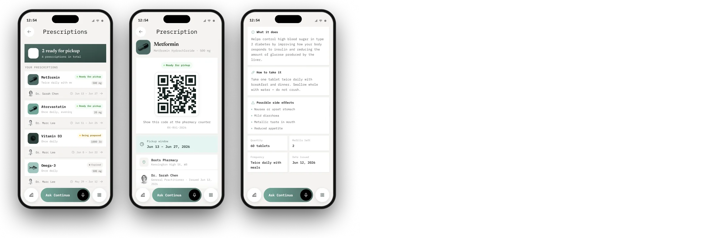 Prescriptions list, pharmacy QR code and medicine details