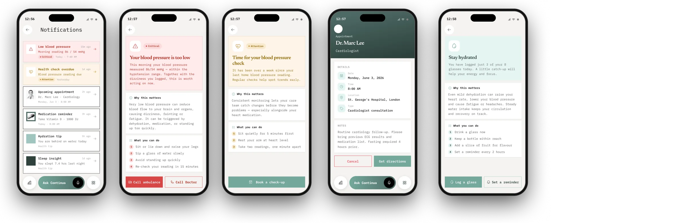 Notifications, urgent alert, check-up reminder, appointment and hydration tip