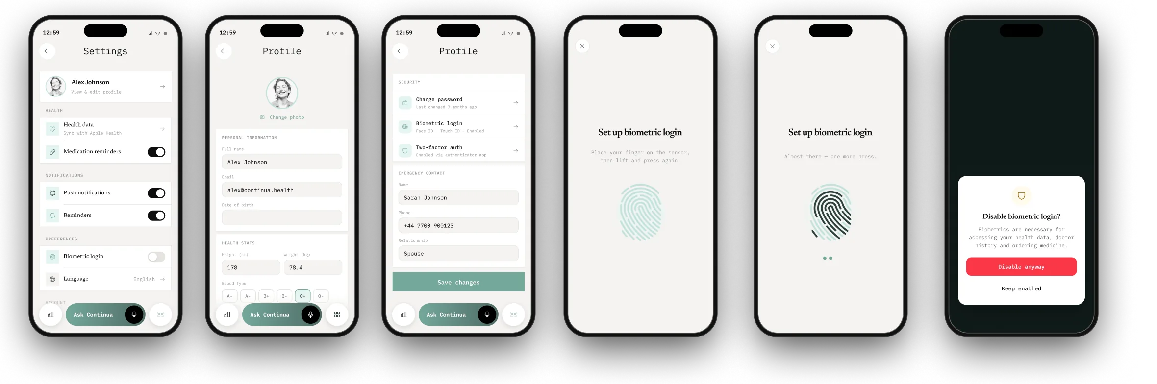 Settings, profile and biometric login setup